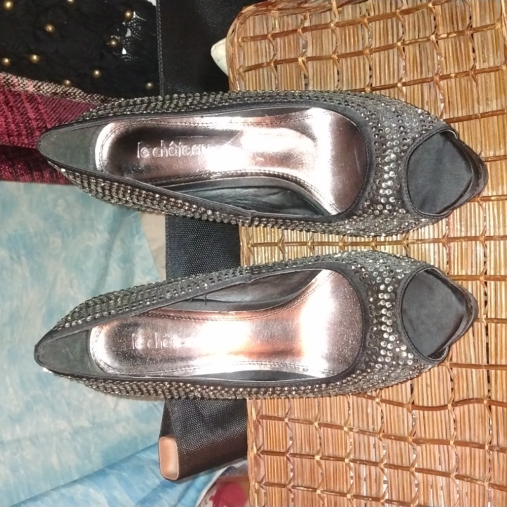Le château women's black and silver bling platform heels sz 8